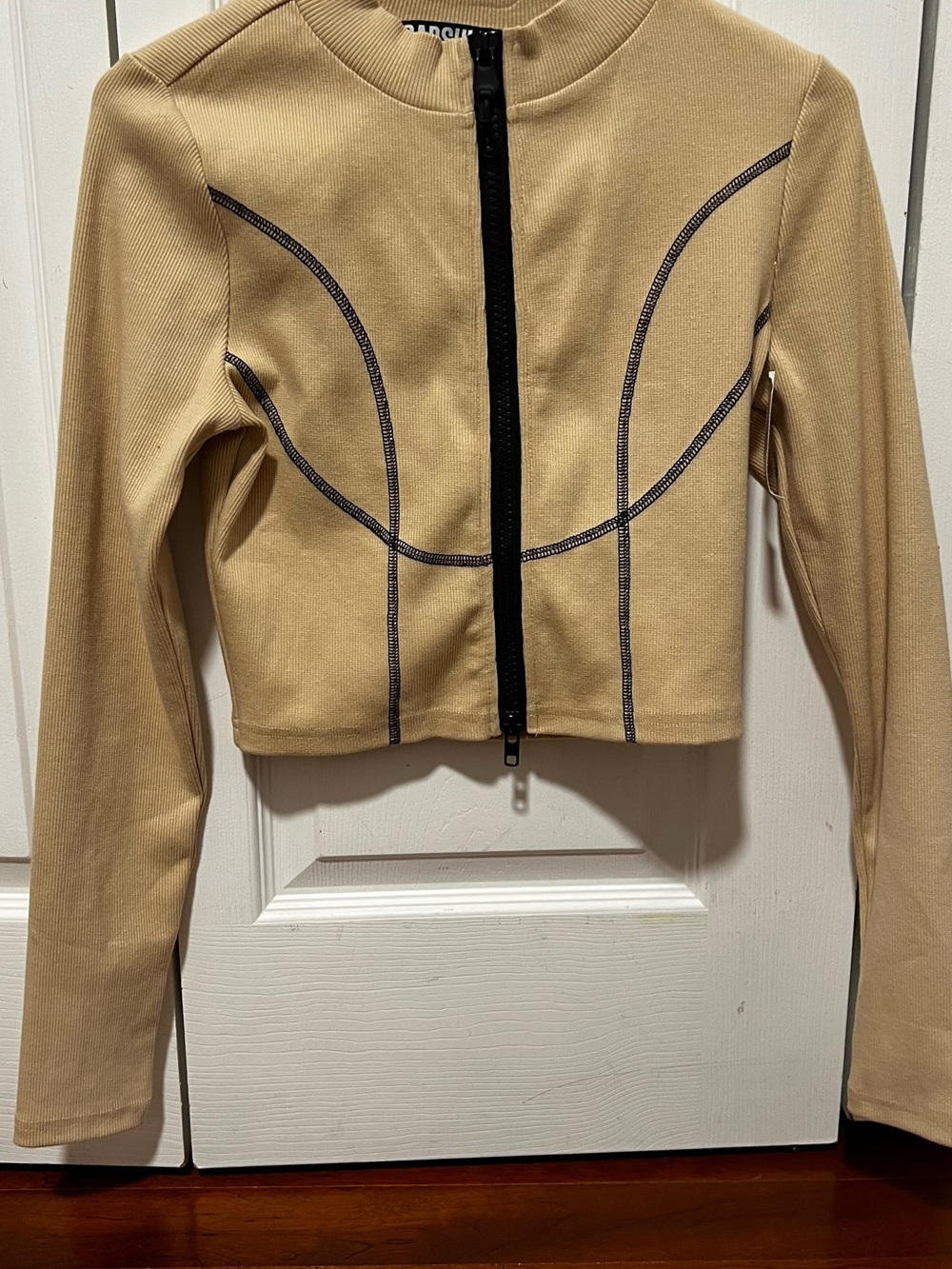 Neutral Cropped Bomber Jacket with Contrast Stitching